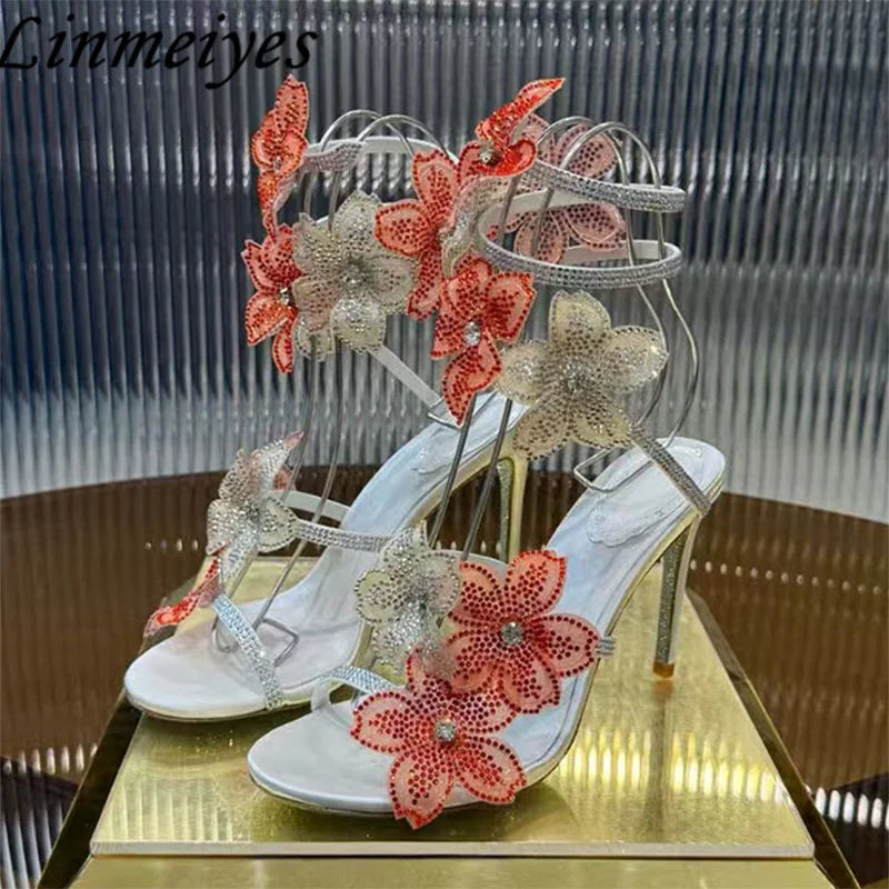 Rhinestone Flower Embellished Wedding High Heel Sandals for Women
