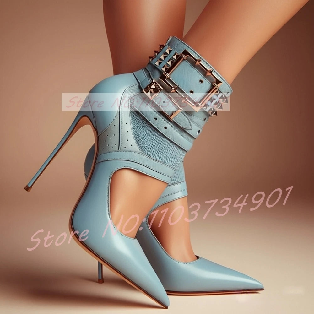 Blue Leather Studded Buckle Strap Cut-Out Ankle Boots for Women