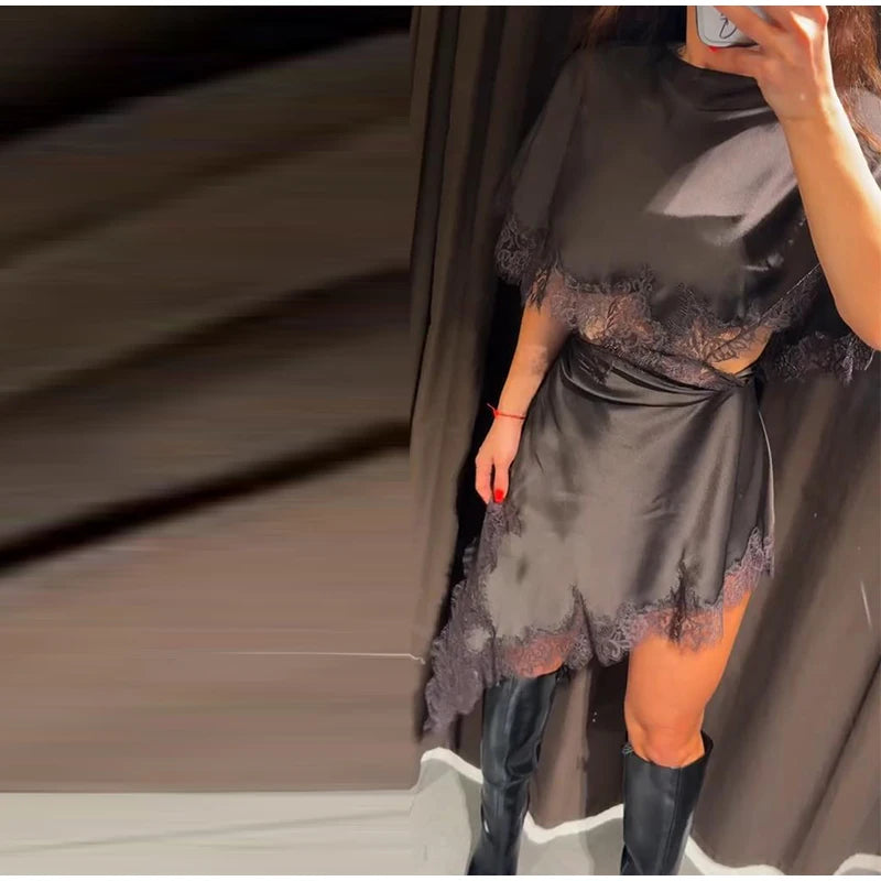Womens Lace Dress With Cut Out Waist And Flutter Sleeves + Slim Fit + Evening Party Style