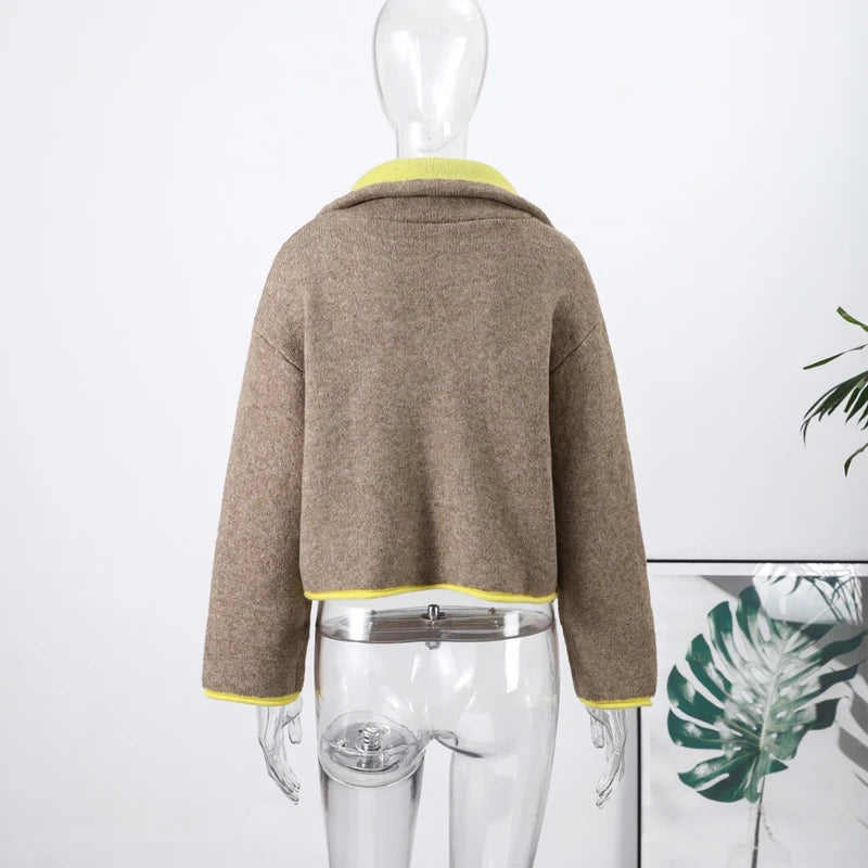 Fuzz Yellow Contrast Long Sleeve With Zipper Coat for Women