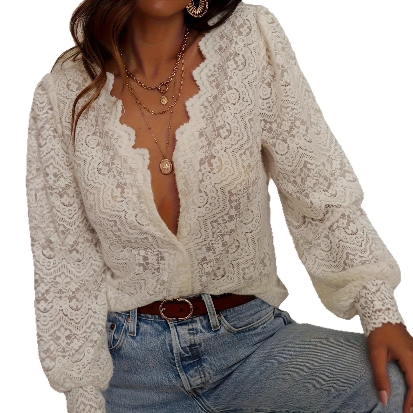 Elegant Lace Trim Long Sleeve White Blouse for Women