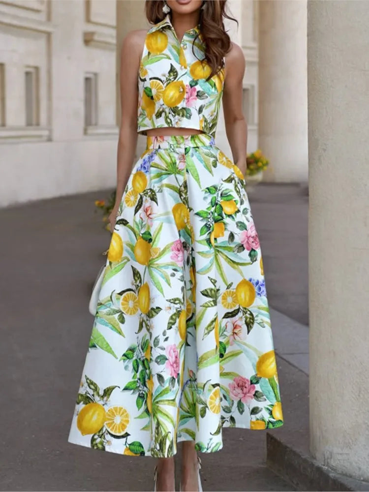 Lemon Print Sleeveless Top With Pocket Two Piece Set for Women