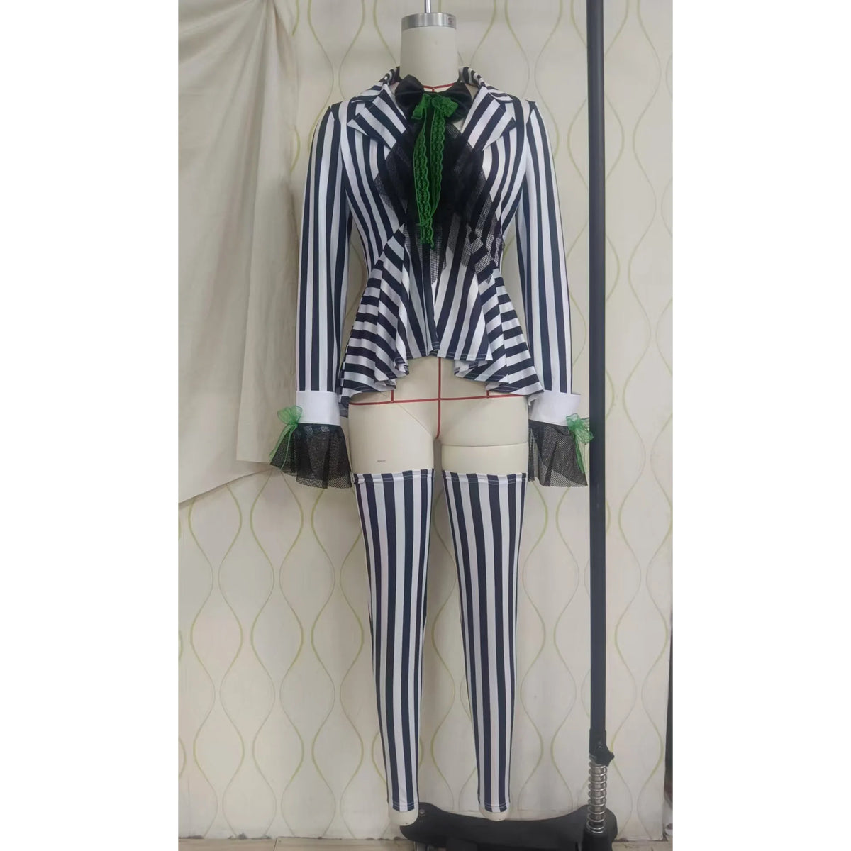 Striped Black And White Clown Costume Set With Jacket And Socks For Women