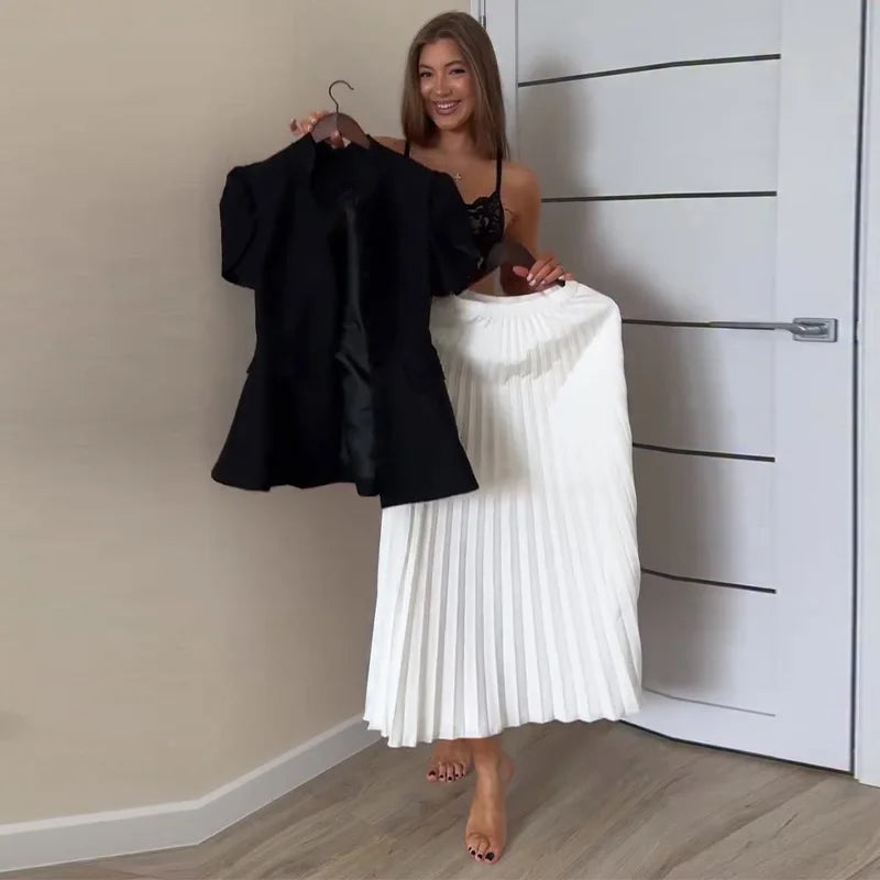 Chic Two Piece Blazer and Pleated Skirt Set for Women