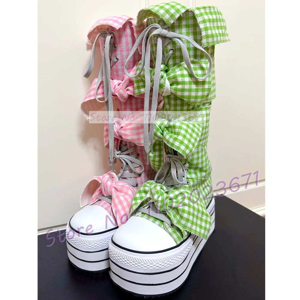 Bowknots Thick-sole Long Canvas Shoes Women Trendy Round Toe Cool Plaid Shoes Girl's Lolita Sweet Lace-up Platform Tall Boots