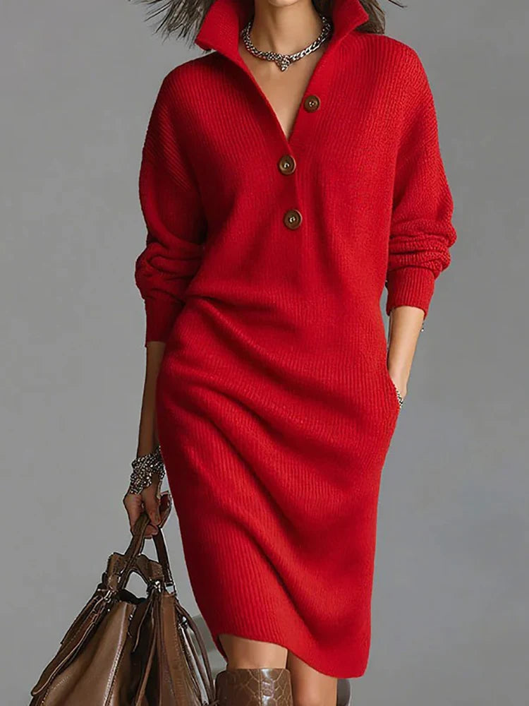 Turn-Down Collar Simple Sweater Dress, Women Autumn Winter Long Sleeve Chic Party Dress, New Solid Patchwork Casual Ladies Dress