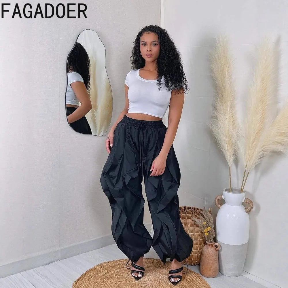 FAGADOER Casual Ruched Patchwork Lantern Sleeve Pants Women High Waist Drawstring Patchwork Pants Female Streetwear Trousers New