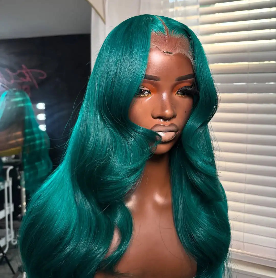 Cyan Green Body Wave Human Hair Lace Front Wig for Women