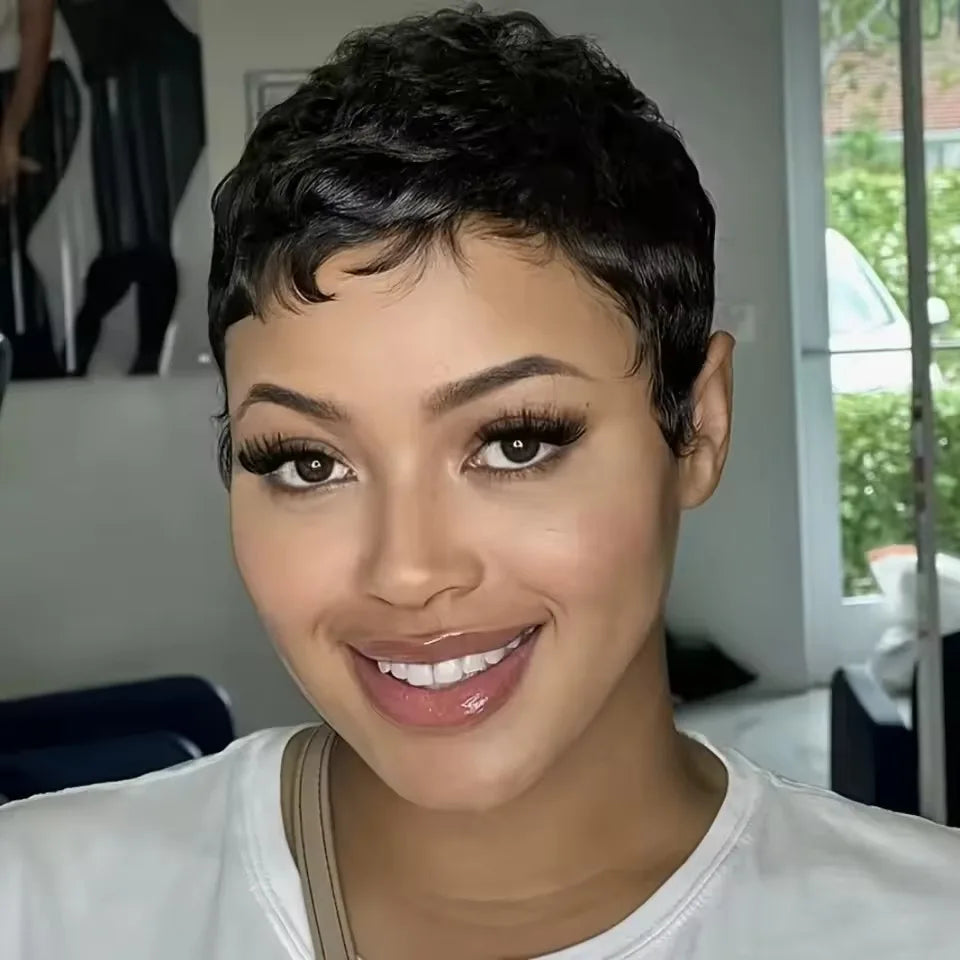 Black Short Straight Brazilian Hair Pixie Wig Preplucked Hairline For Women