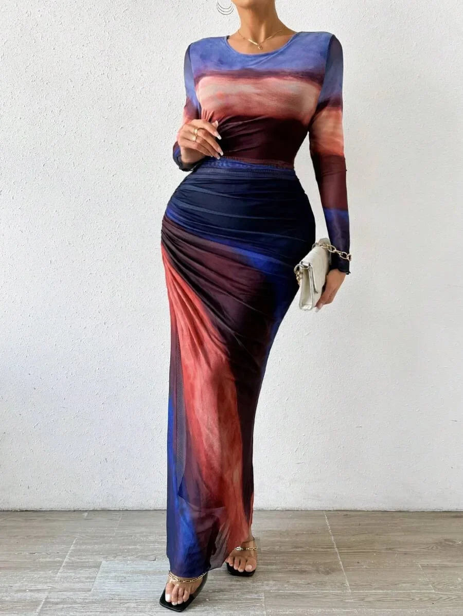 High Waist Dresses for Woman Fashion Printed Sexy Tight Fitting Slit Round Neck Dress Long Sleeves Skirt Streetwear Autumn 2024