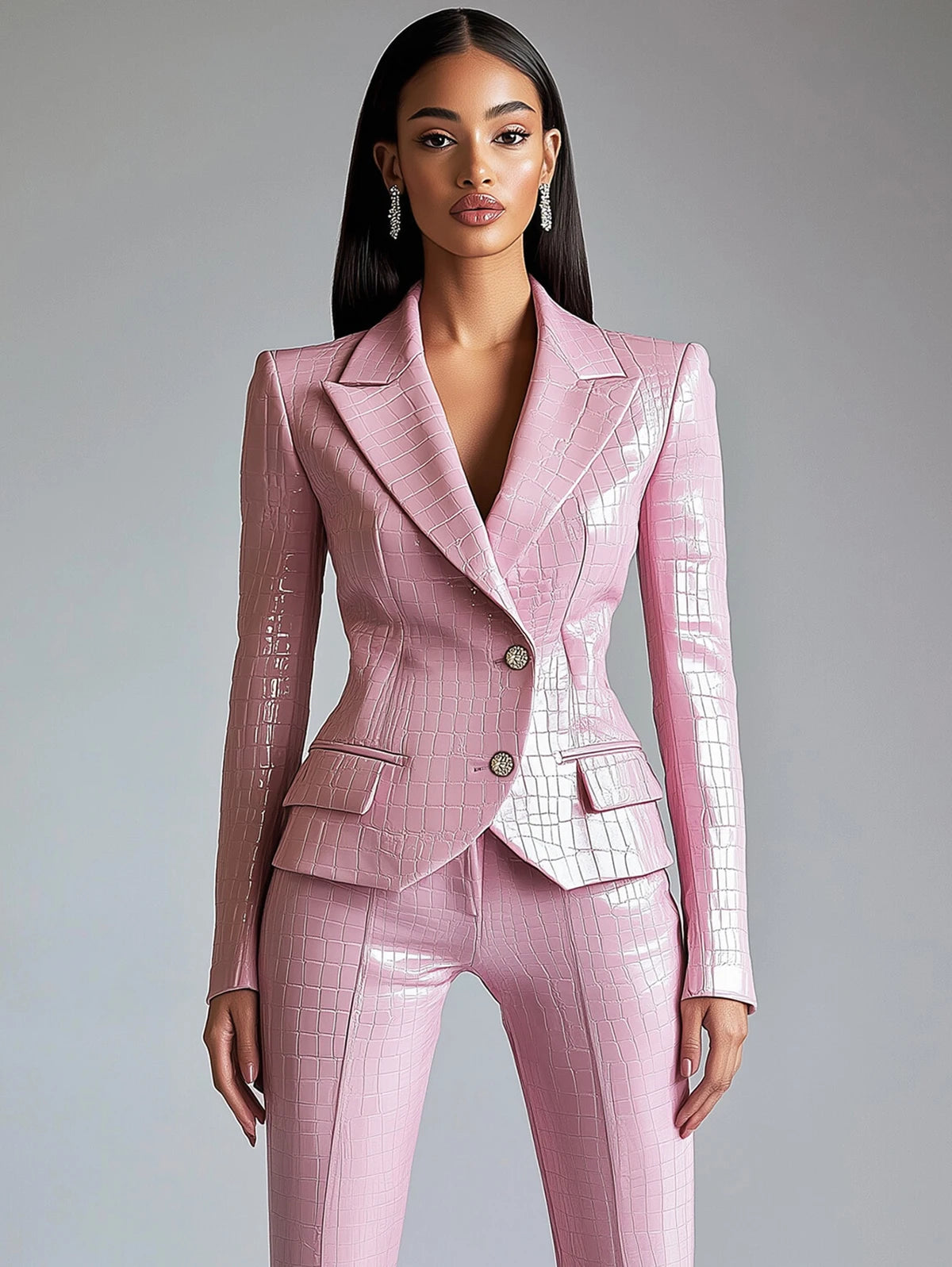 Elegant Pink Alligator Pattern Single Breasted Blazer For Women