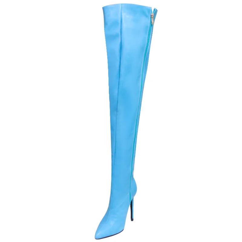 Fashion Leather Side Zipper Pointed Toe Stiletto Over The Knee Boots for Women