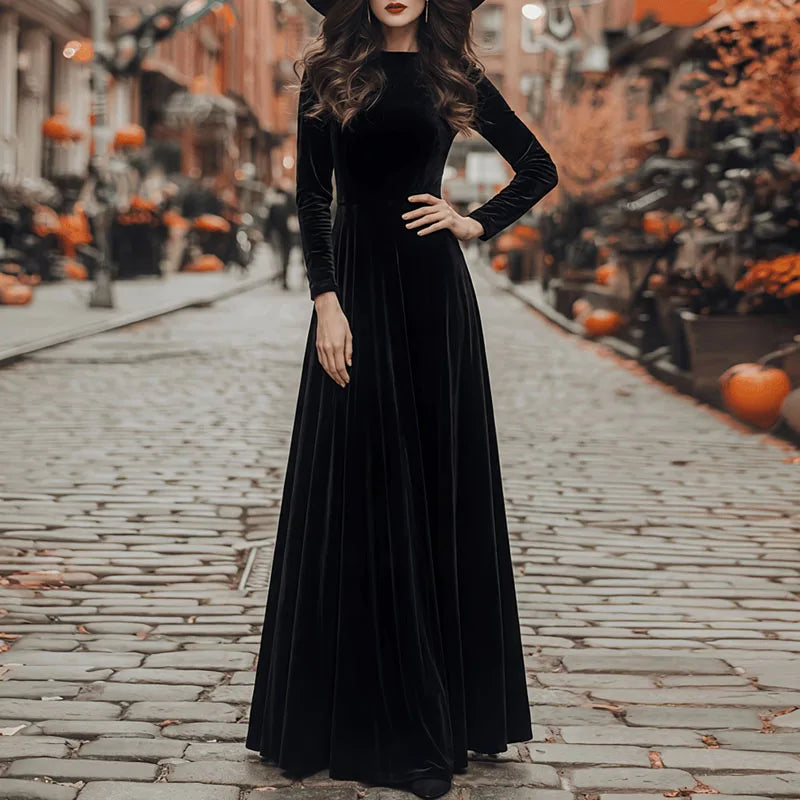 Elegant Velvet Long Sleeve A Line Maxi Dress for Women