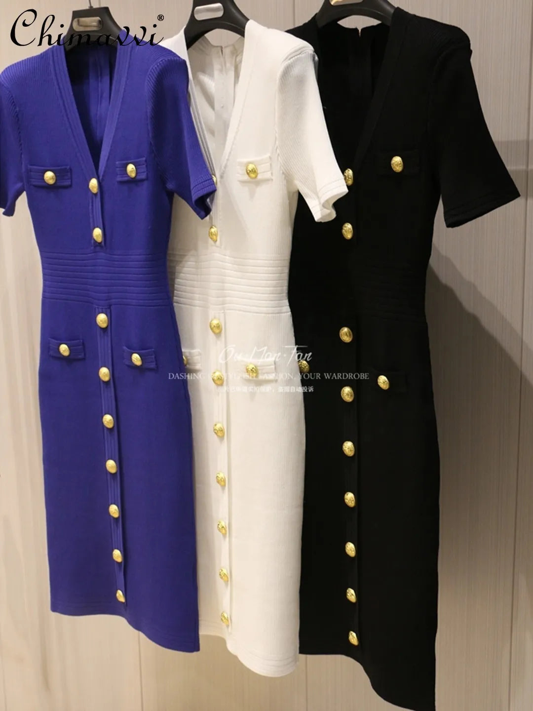 2026 Summer Fashion V-neck Metallic Buckle Knit Bodycon Midi Dress Women's Commute Slim Fit Elegant Short Sleeve Dresses