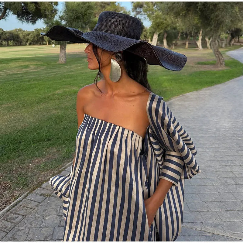 Striped Strapless Maxi Dress Set With Detachable Shawl for Women