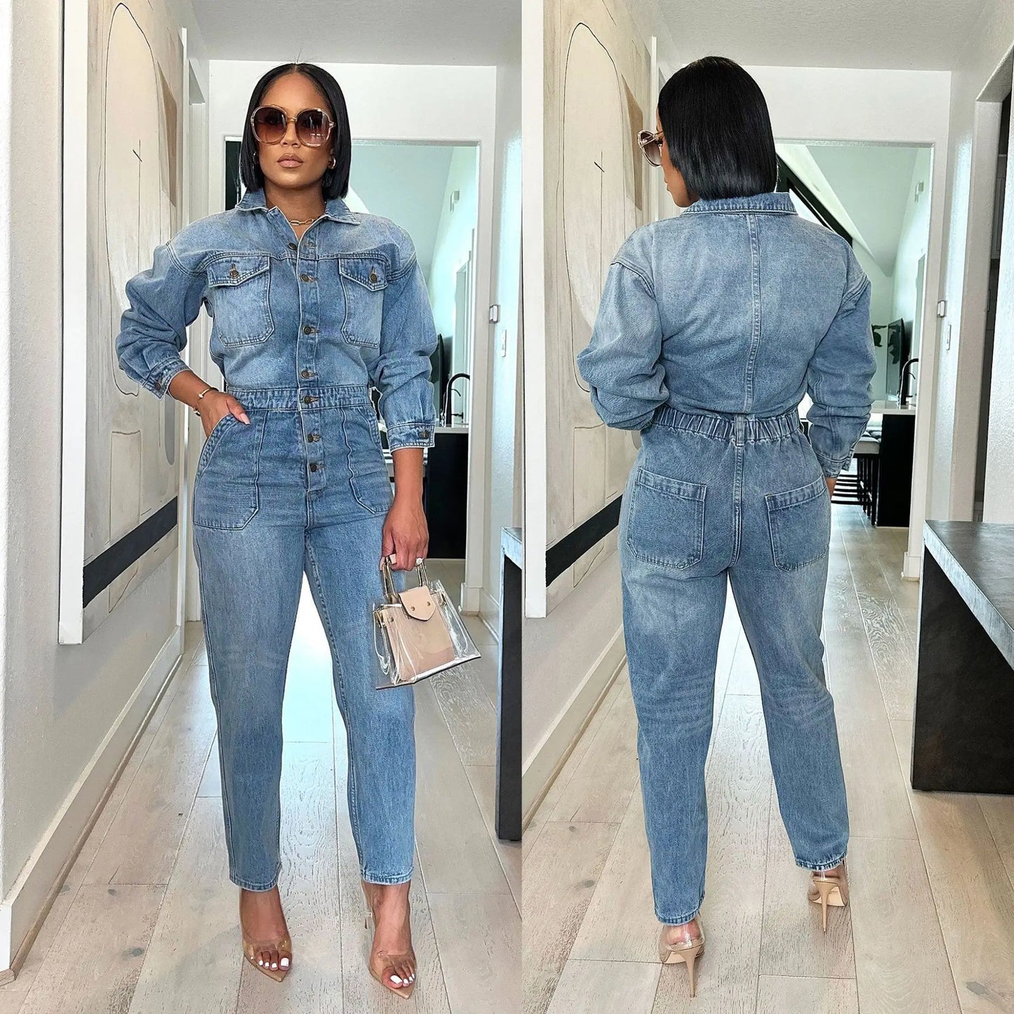 Elegant Turn Down Collar Straight Denim Jumpsuit For Women