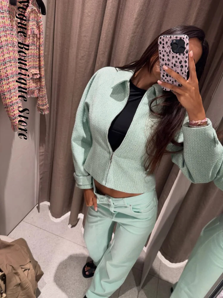 Chic Slim Fit Lapel Zipper Casual Short Coat for Women