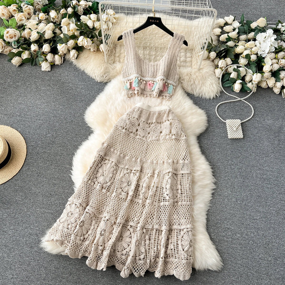 Bohemian Knit Tassel Crop Top and Skirt Set for Women