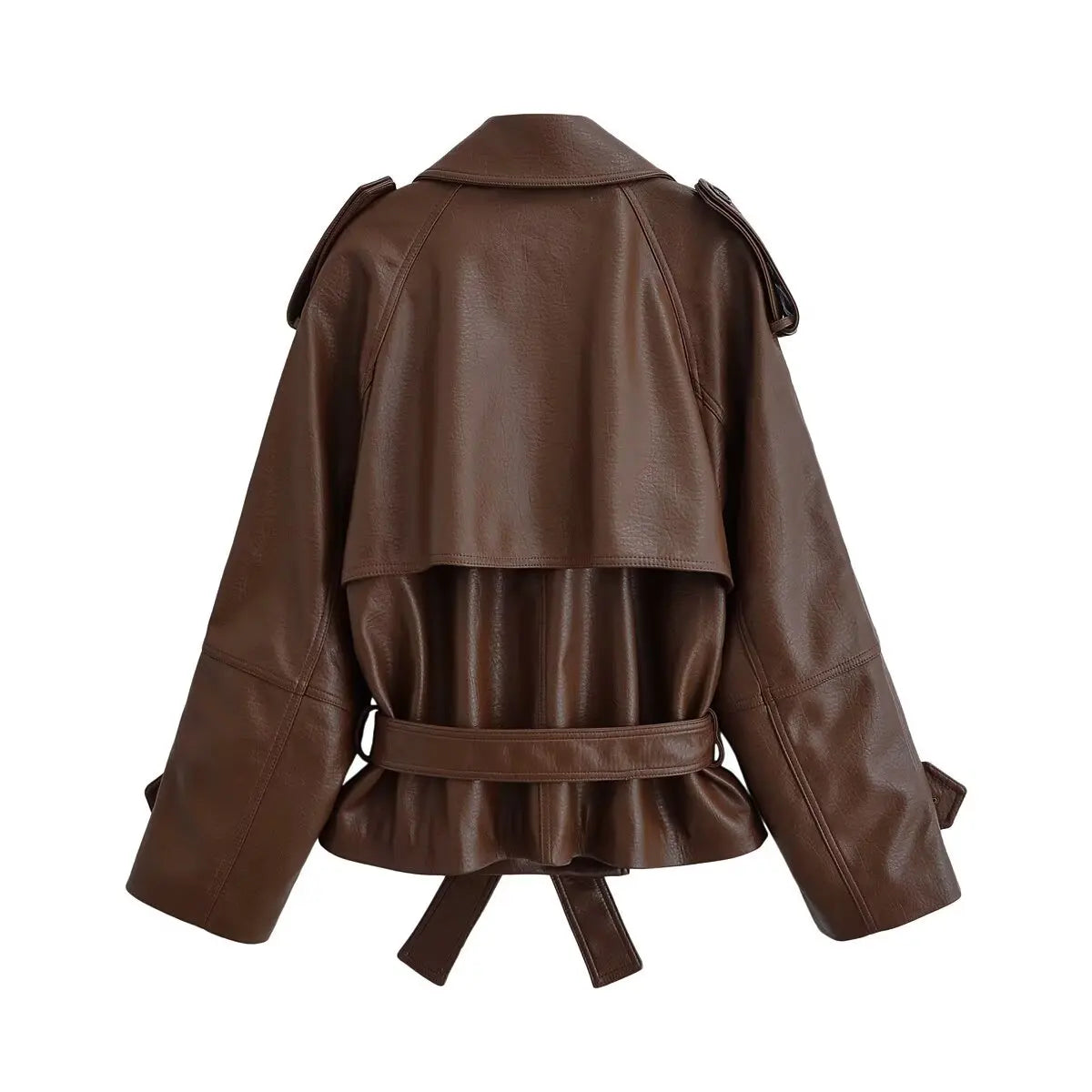 Oversized Double Breasted Faux Leather Lace Up Jacket for Women