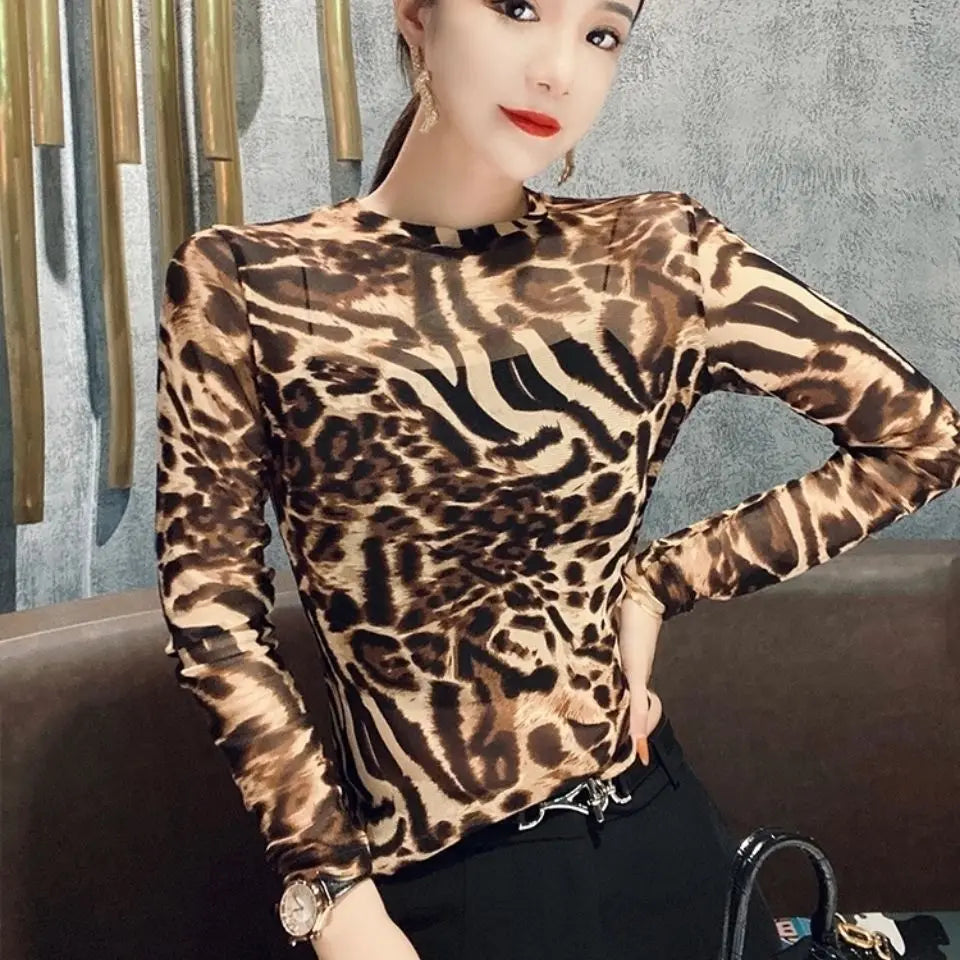 Top Female Mesh Leopard Print Women's Long Sleeve T-shirt Mature Spring Autumn Sexy Korean Reviews Many Clothes Japanese Vintage