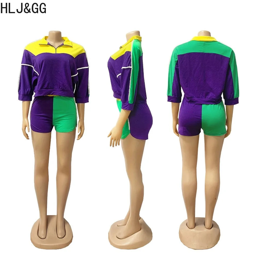 Sporty Color Block Crop Top and Shorts Set for Women