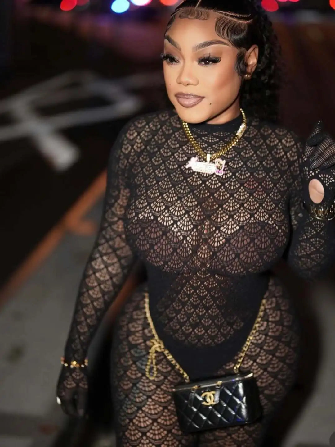 See Through Lace Hollow Out Patchwork Bodycon Jumpsuit for Women