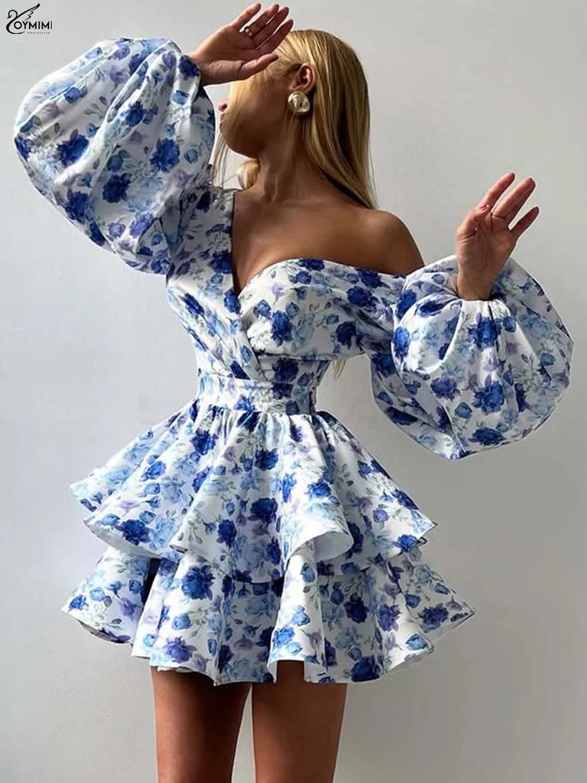 Oymimi Fashion Blue Print Womens Dresses Elegant V-Neck Long Sleeve Zipper Dresses Casual High Waist Pleated Mini Dress Female