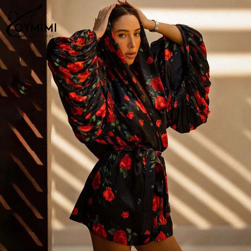 Oymimi Fashion Black Print Dresses 2025 Woman Elegant Deep V-Neck Lantern Sleeve Lace-Up Dresses Casual Loose Mini Dress Female