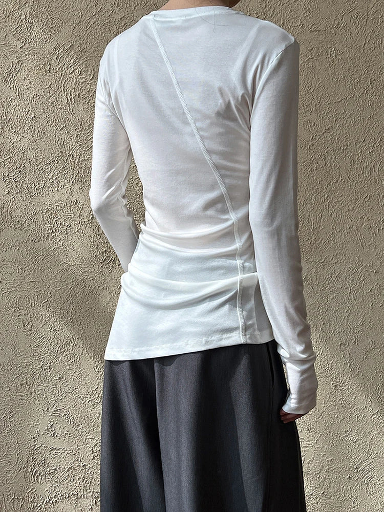[EAM] Women Gray Thin Perspective Slim Irregular T-shirt New Round Neck Long Sleeve Fashion Tide Spring Autumn 2025 1DH9981