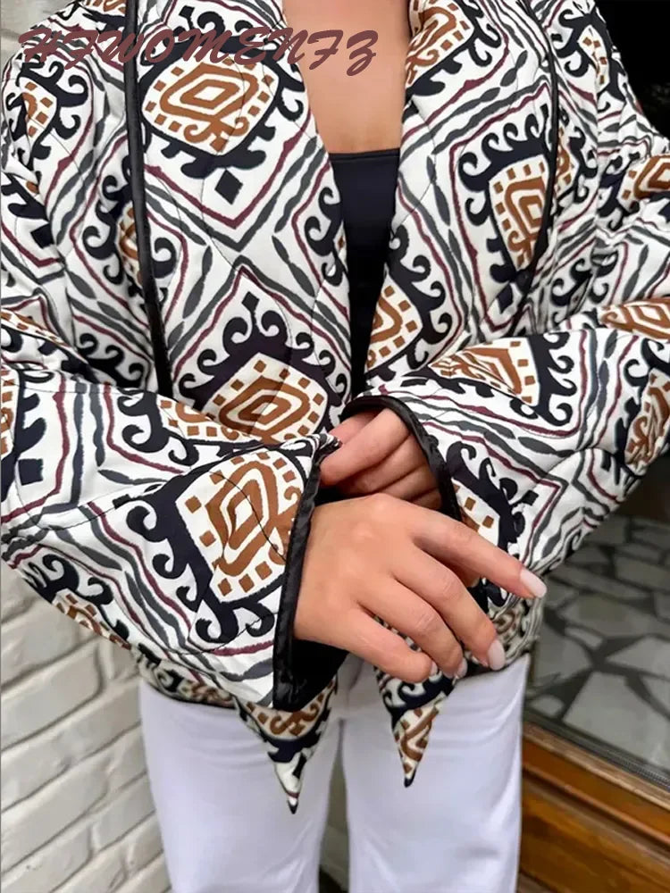 Printed Cotton Padded Winter Coat with V Neck for Women