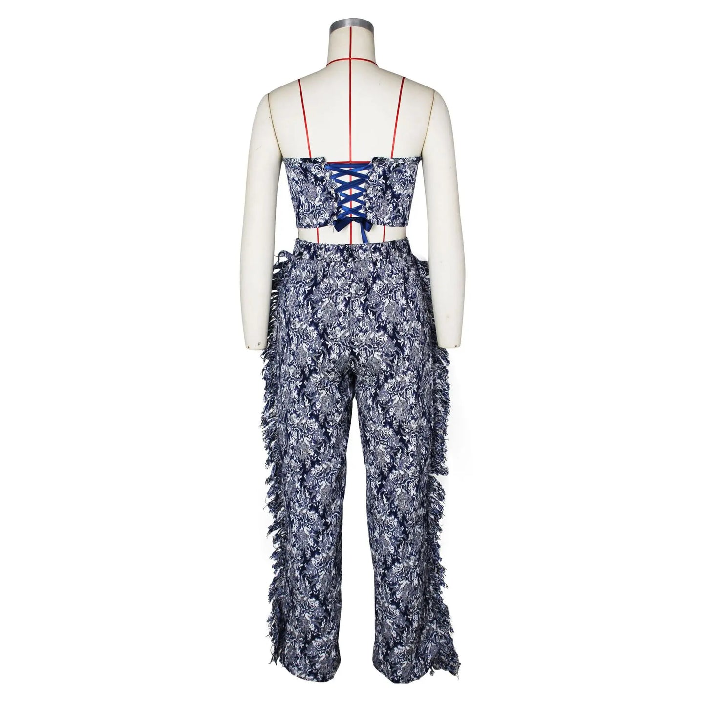 Floral Print Strapless Knitted Two Piece Cargo Pants Set for Women