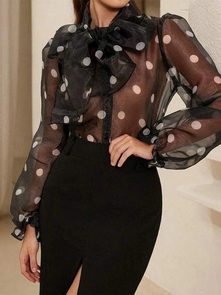 Polka Dot Lace Up Bow Blouse