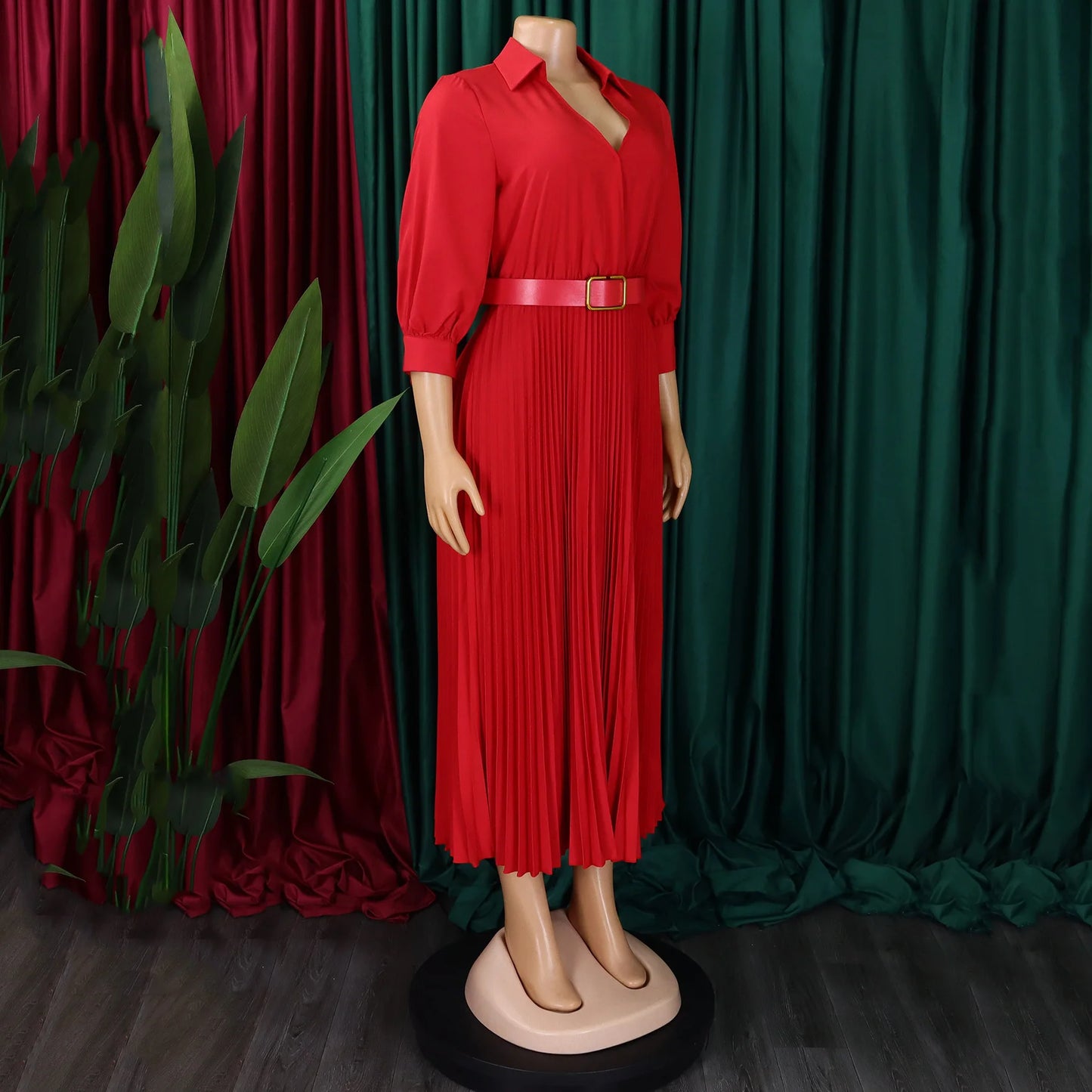 Elegant Office Dresses for Women Pleated Deep V Neck Full Sleeve Belt Waisted Ankle Length African Business Work Wear Dress New
