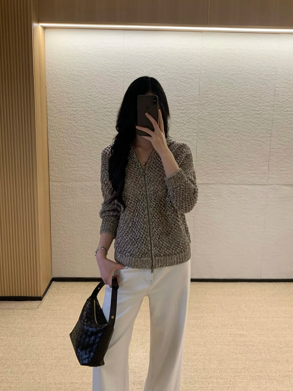 Sequined Hooded Knit Cardigan with Zipper for Women