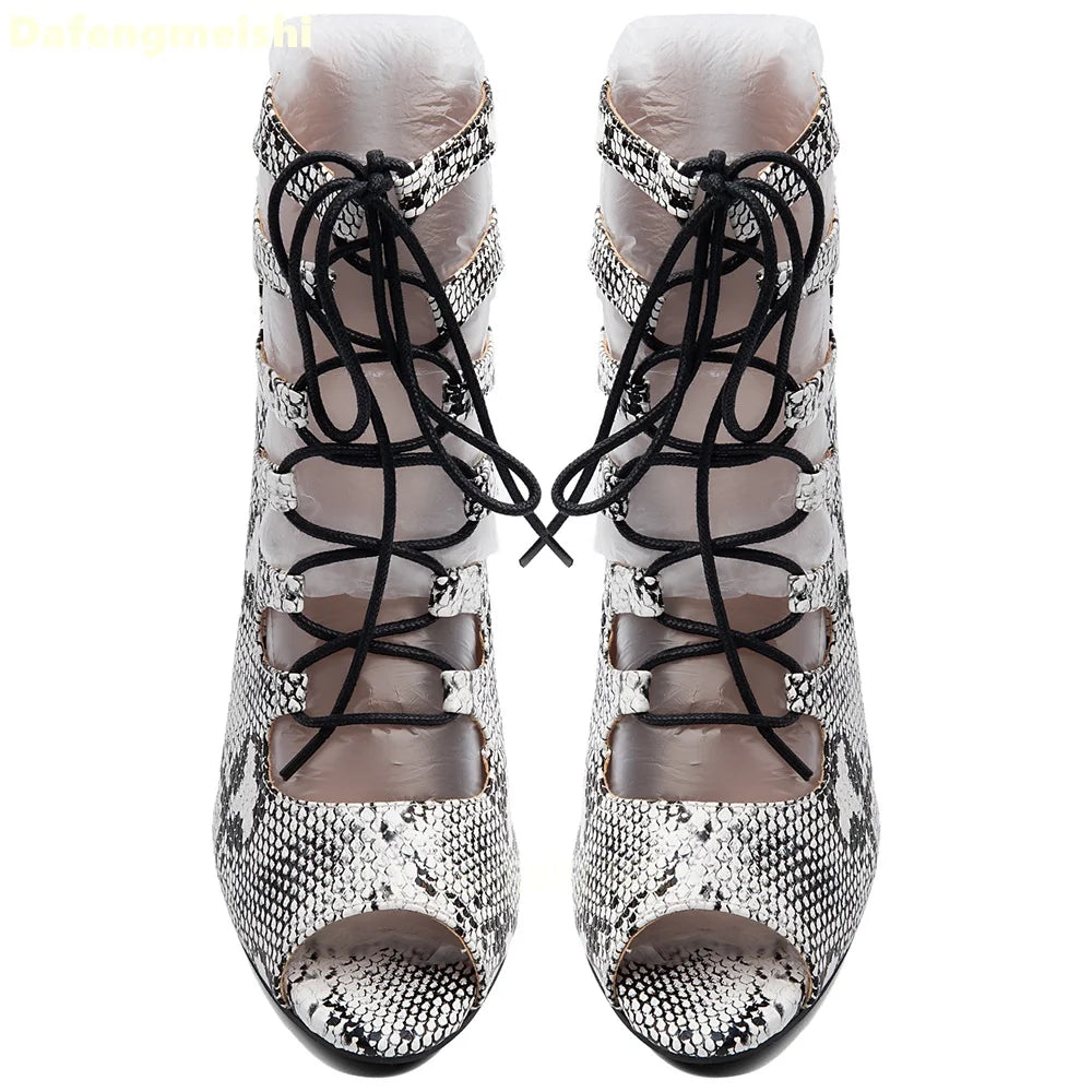 Snake Print Lace Up Peep Toe Ankle Booties For Women