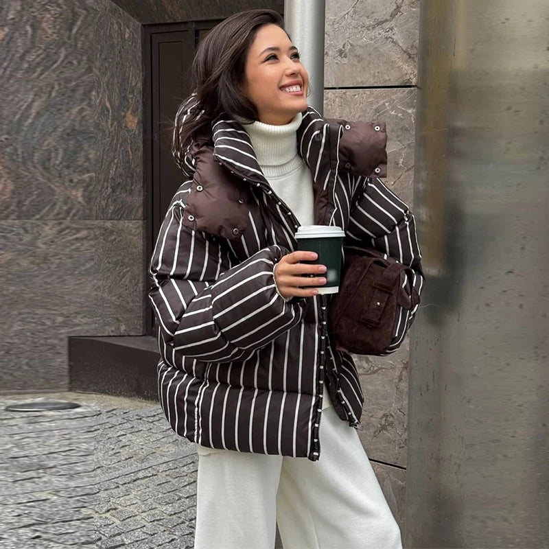 Striped Cotton Quilted Coat Single Breasted for Women