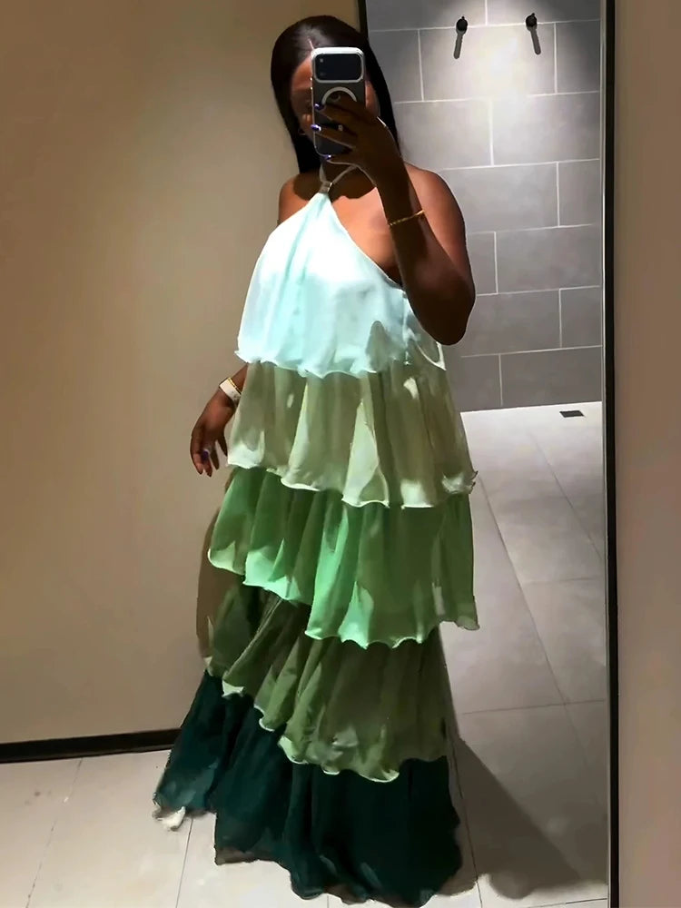 Flowy Gradient Halter Off Shoulder Ruffle Maxi Dress for Women