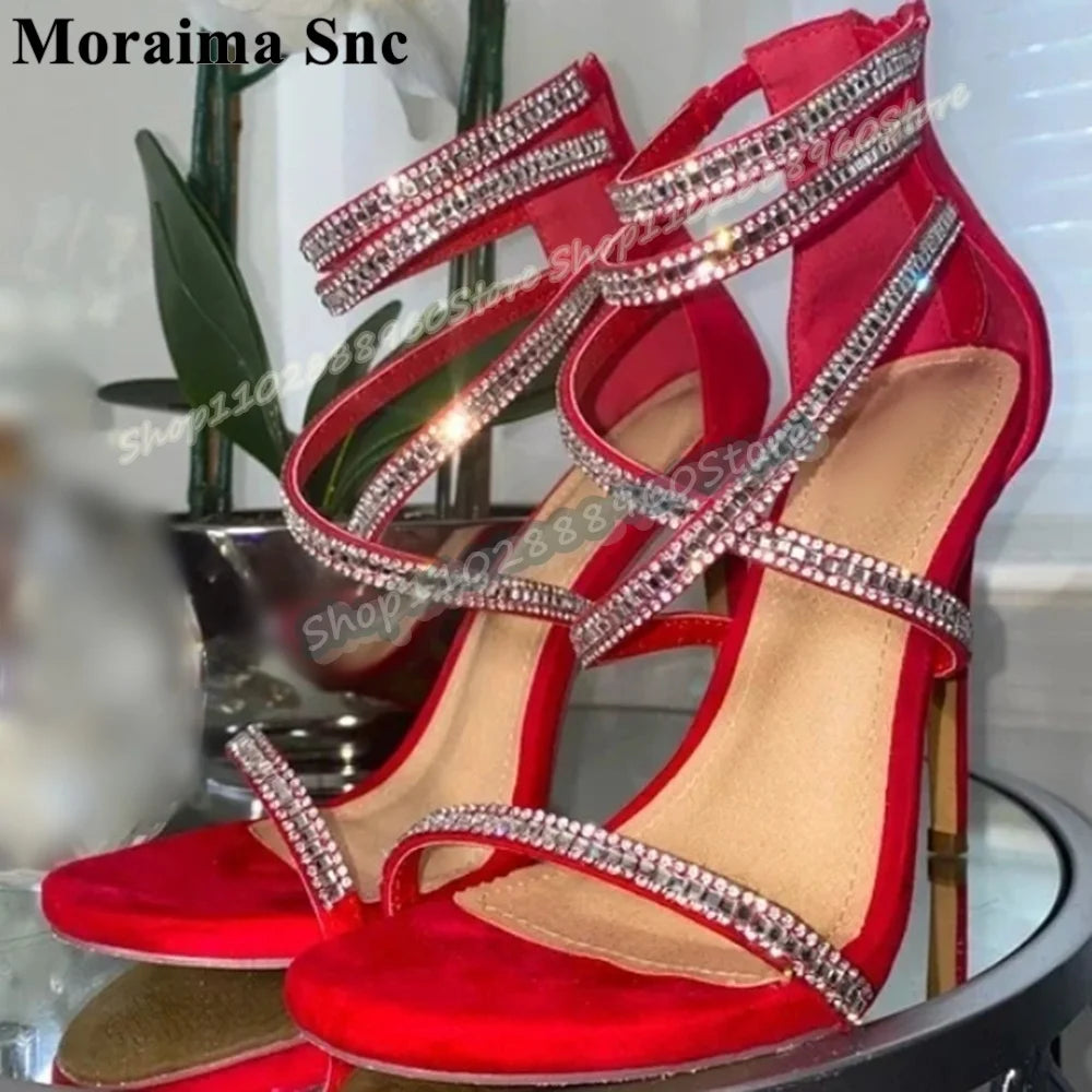 Sparkling Red Crystal Strap Open Toe Stiletto Sandals For Women