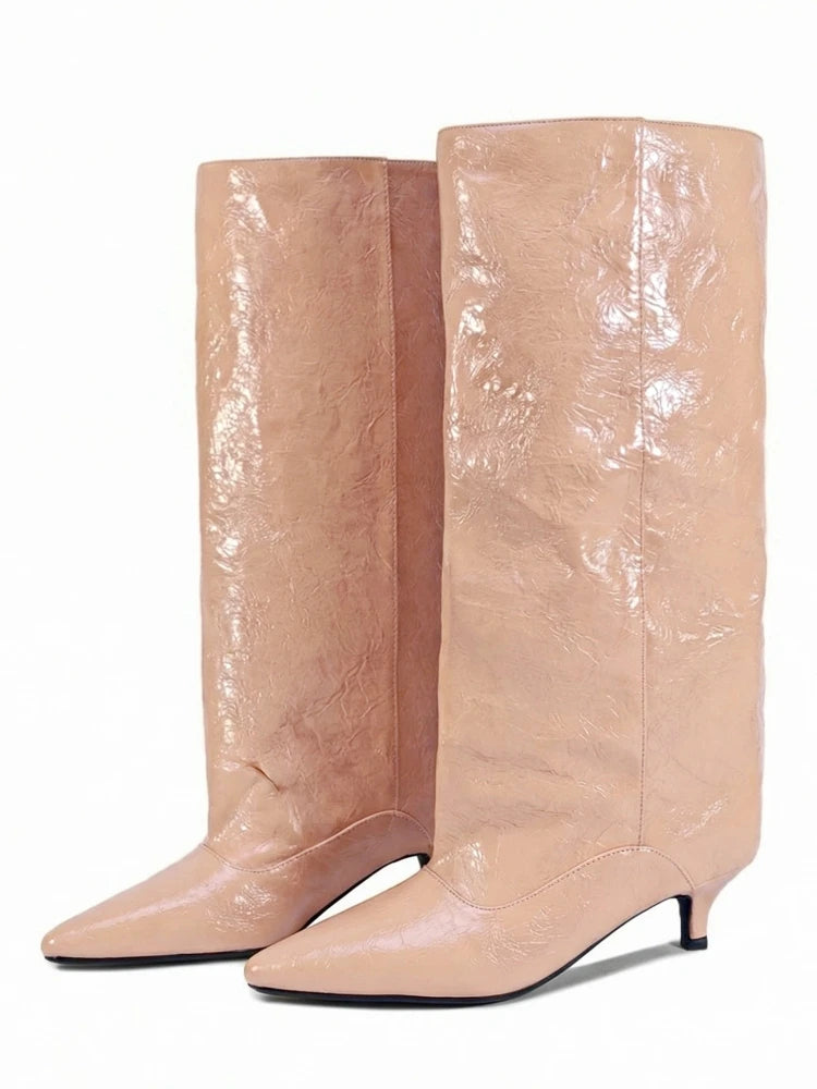 Crocodile Print Wide Shaft Kitten Heel Knee High Boots for Women
