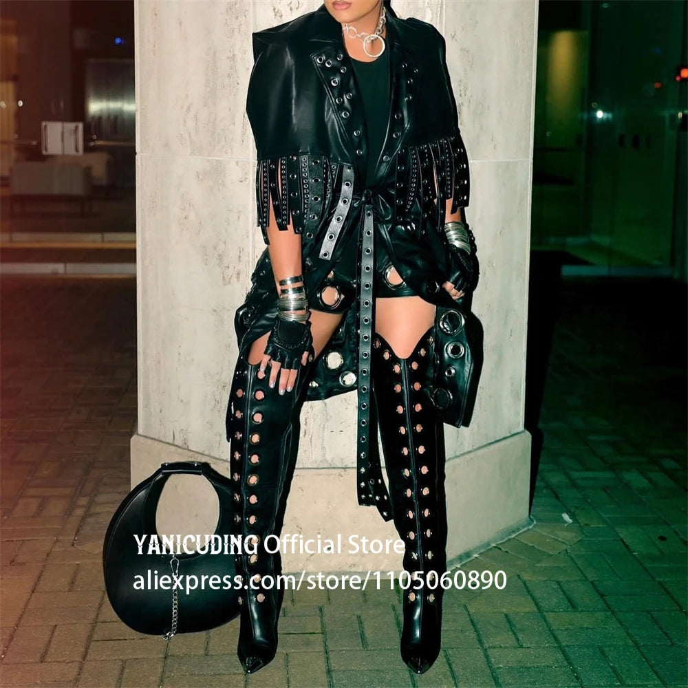 Metal Eyelet Pointed Toe Over The Knee Boots for Women
