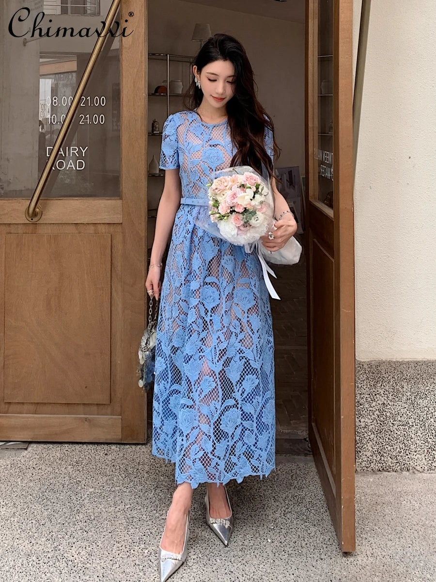 High-end Blue Heavy Lace Hollow Round Neck Short Sleeve Women's Summer Dresses New Elegant High Waist Slim Long Party Dress