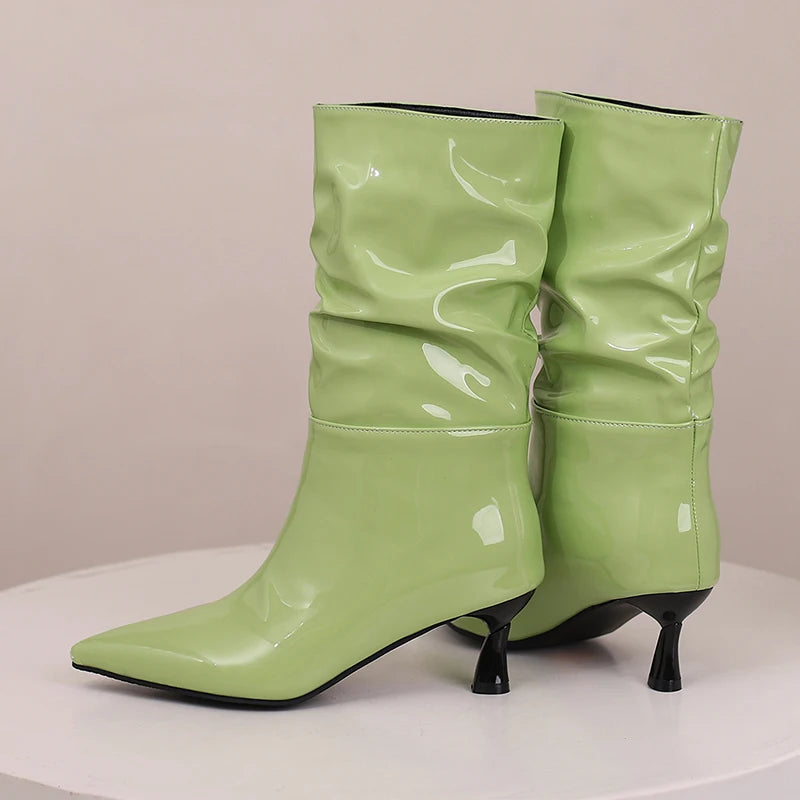 Patent Leather Pointed Toe Mid Calf Slouch Boots for Women