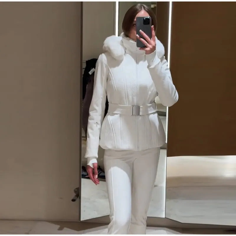 Warm Fur Trim Hooded Winter Ski Suit with Belt for Women