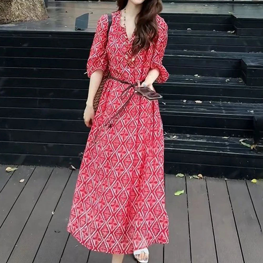 Loose Fit Vacation Style Floral Midi Dress for Women