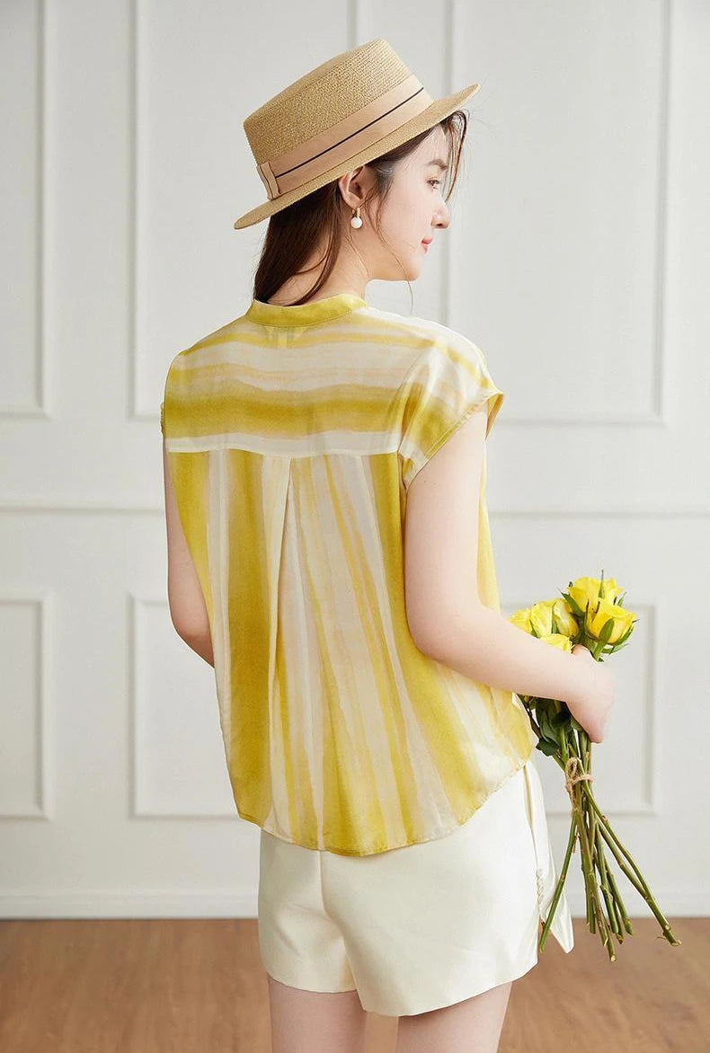 Women's Shirt and Blouse Chiffon Yellow Sleeveless Striped Female Tops Loose Summer Button Up Y2k Fashion Sale of Pretty Xl M