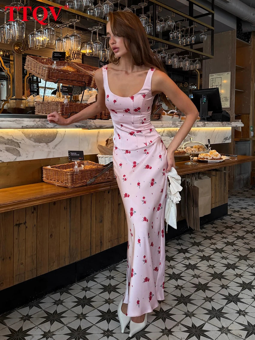 Sleeveless Printed Two Piece Top and Long Skirt Set for Women