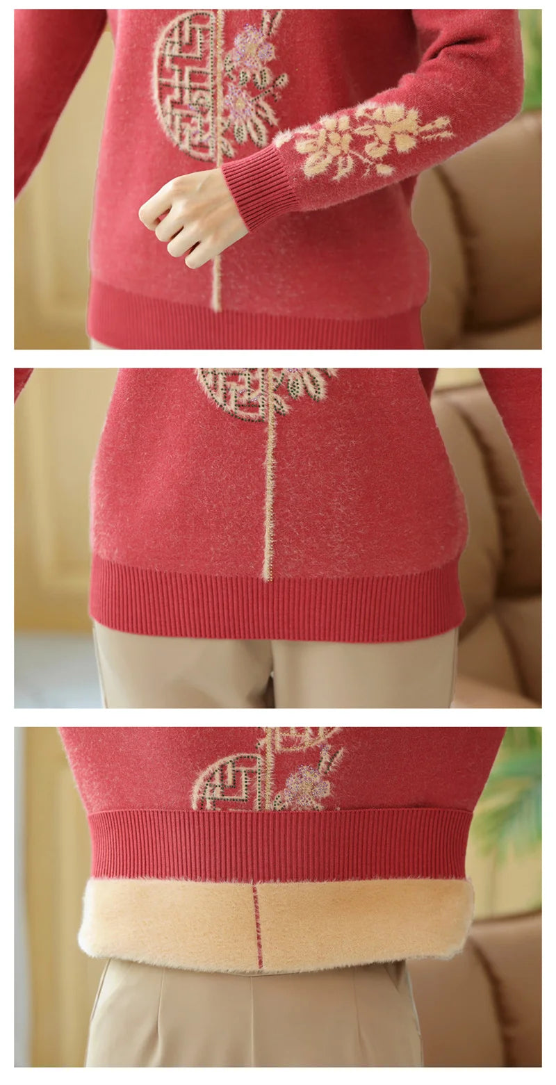 2025 Autumn New Mom's Velvet And Warm Knitted Embroidered Bottom Shirts Imitation Mink Fleece Winter Inner Plsh Thick Pullover