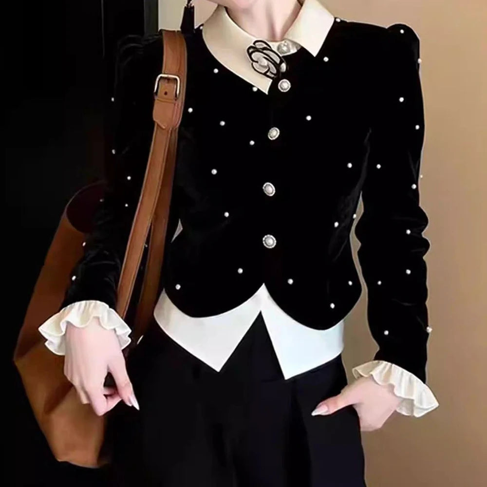 Elegant Single Breasted Long Sleeve Velvet Shirt for Women