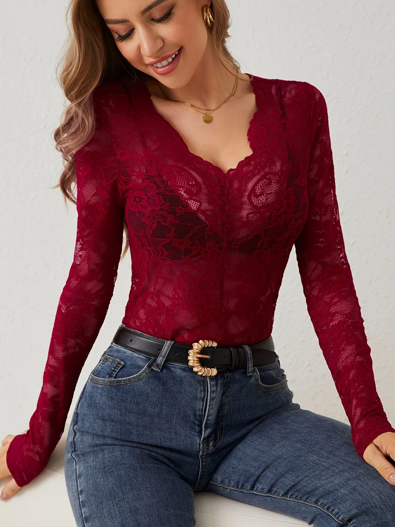 V-Neck Sheer Lace Long Sleeve Top with Scallop Trim for Women