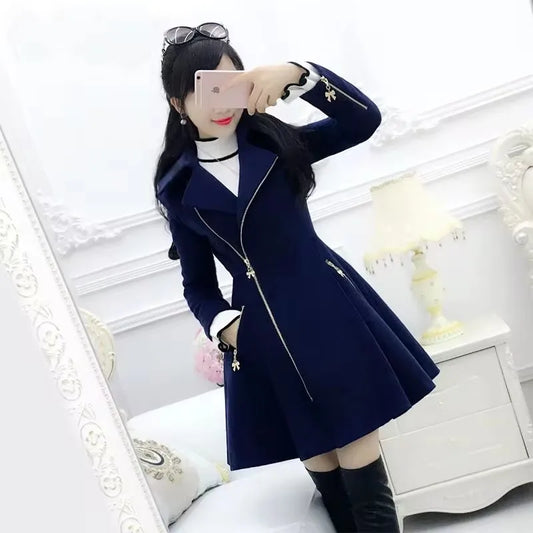 2025 Autumn Winter Clothing Deep Blue Zippered Long Sleeved Woolen Coat Jacket Women, Medium Length Slim Fit Thickened